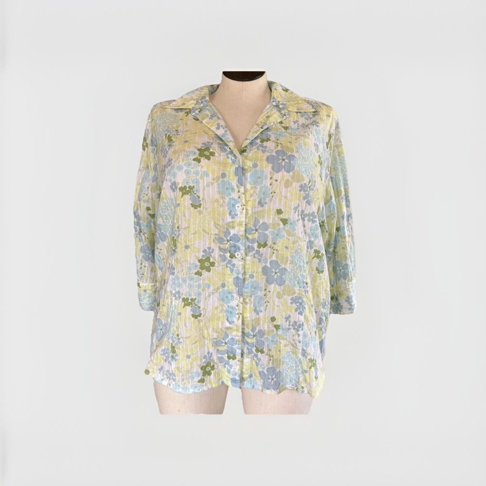 Eddie Bauer 100% Cotton Floral V-Neck Button Up 3/4 Sleeve Blouse Women’s XXL